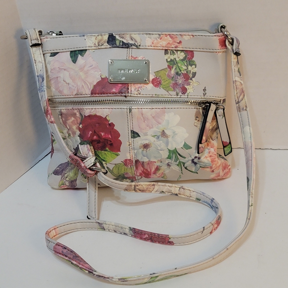 Nine West Cream and Red Crossbody Bag with Vintage Floral Design